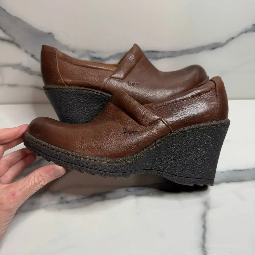 BOC Born Women's Brown Leather Wedge Clogs Sz 7.5 Slip On Comfort Boho Festival